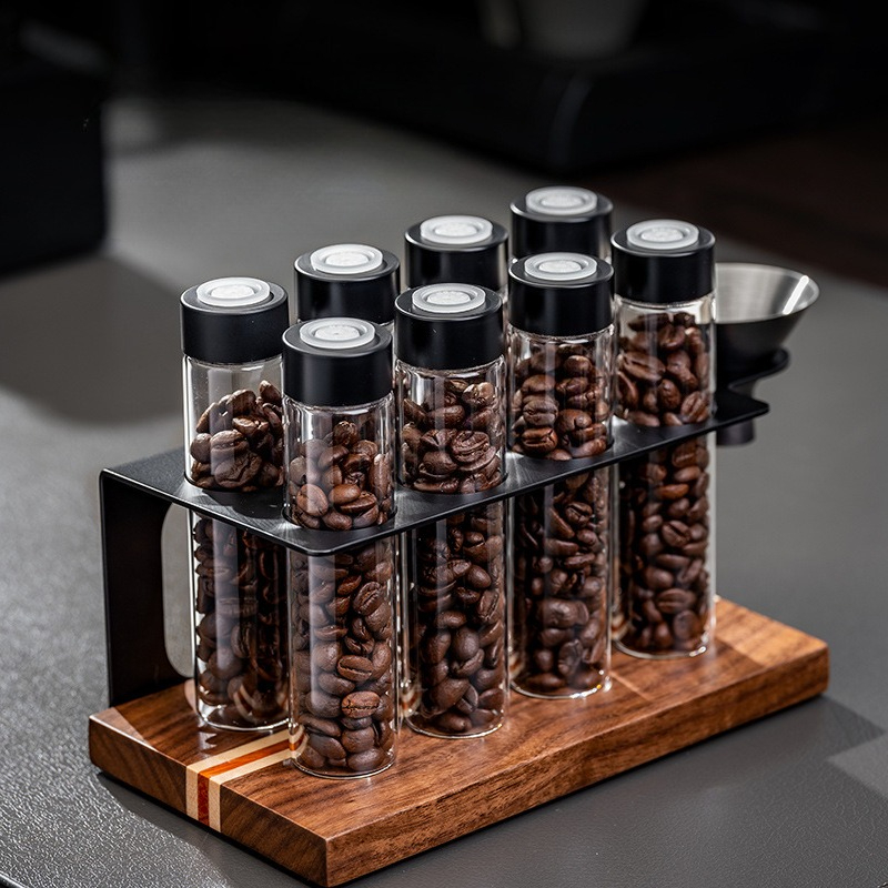 Kitchen Gadgets Organizer - JUSTINLAU ガラス製コーヒー豆保存容器 気密1方向バルブ付き 木製ディスプレイラック ファンネル付き 木製キッチンオーガナイザー