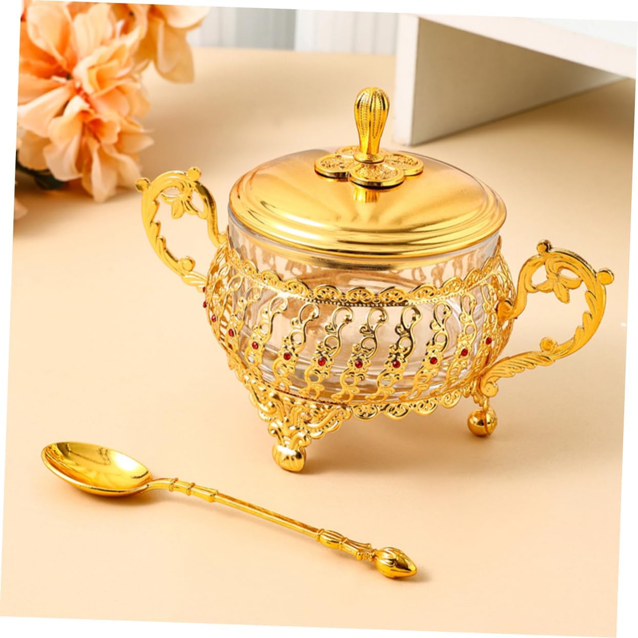 Kitchen Gadgets Gold - シュガーボウル 蓋とスプーン付き ゴールドガラス調味料スパイスジャー キャンディージャーセット キッチン コーヒーバー