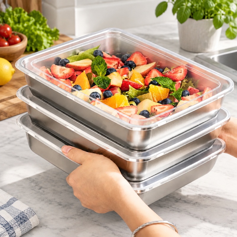 透明な蓋が付いた、3点セットのステンレス製食品保存容器。キッ - Kitchen Gadgets Organizer のレビューと価格